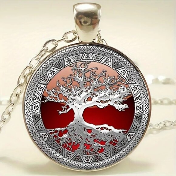 Independent Jewelry - Silver RED TREE OF LIFE Glass Cabochon Pendant Necklace